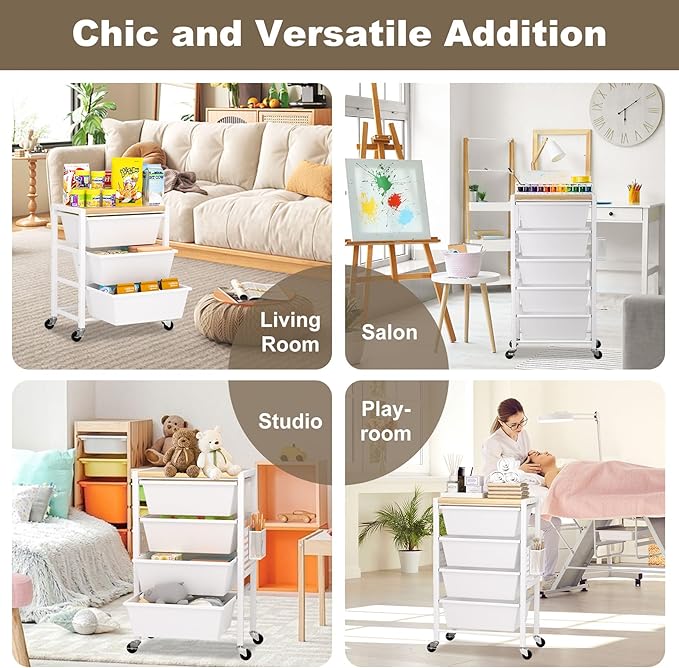 Rolling Cart with Drawers, Rolling Storage Cart with 5 Large Plastic Drawers & Wooden Tabletop, Utility Cart with Pegboards & Basket, Storage Drawers Cart for Living Room, Classroom, Bedroom, Office