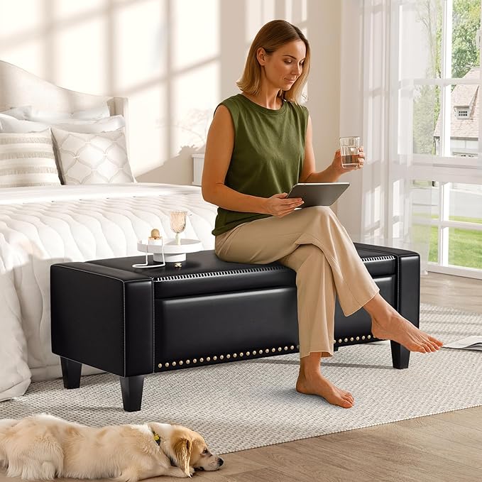 48.8" Storage Ottoman Bench Black | Faux Leather Bedroom Bench with Lift Top for Living Room & Bed End