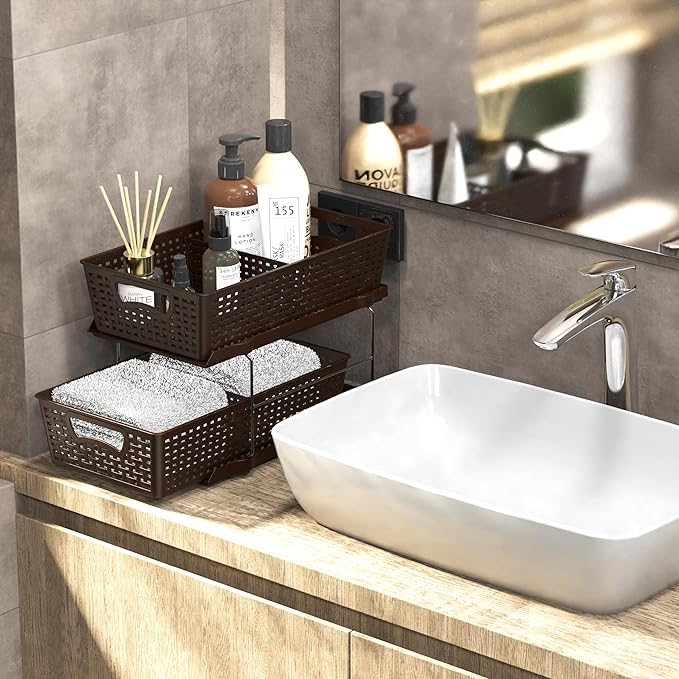Simple Houseware 2 Tier Bathroom Organizer Tray Pull-Out Sliding Drawer/Under-Sink Storage, Brown