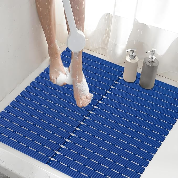 Shower Mat Non-Slip Bath Mat for Tub Floor & Stall with 200+ Suction Cups & Drain Holes, Quick Dry Machine Washable Bathtub Mat, Safe for Elderly& Baby, Bathroom Essentials 24x24 Inch (Blue)