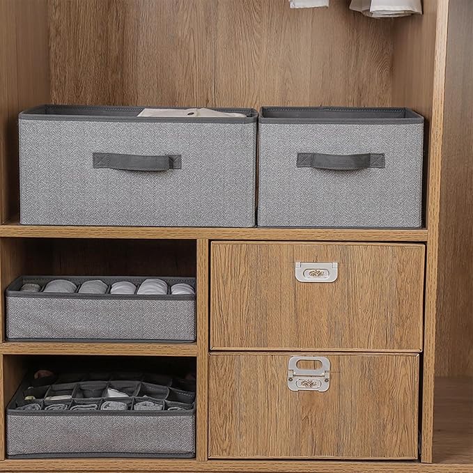 Storage Baskets, 11-Inch Woven Fabric Bins, Storage Cubes with Reinforced Handles, Organizer Bins for Closet Shelves, Foldable, for Toys, Clothes, Natural Beige (3PCS/Grey-11*11*7.8inch)