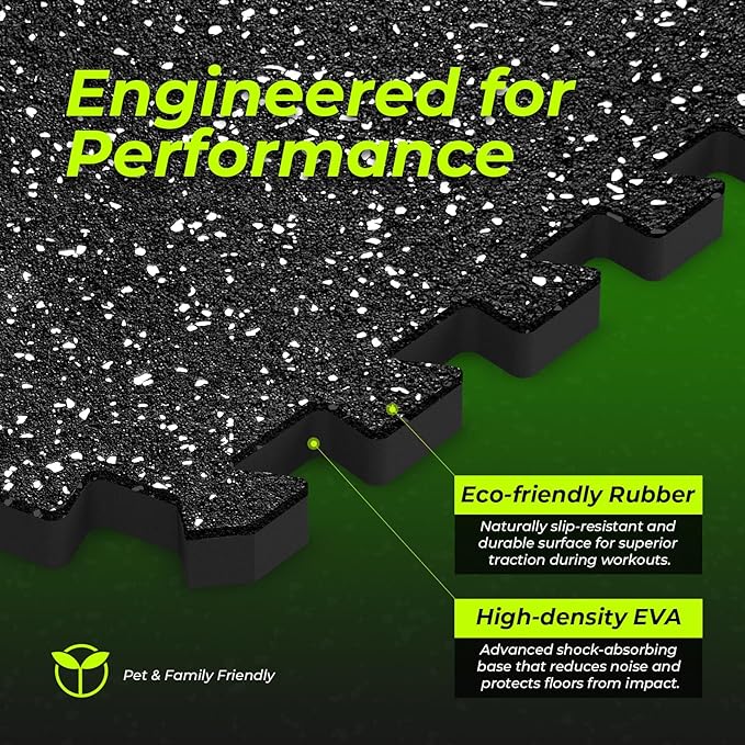 1/2in Thick 48 Sq Ft Rubber Top High Density EVA Foam Exercise Gym Mats Non-Slip 12 Pcs - Interlocking Puzzle Floor Tiles for Home Gym Heavy Workout Equipment Flooring - 24 x 24in Tile, Black & White