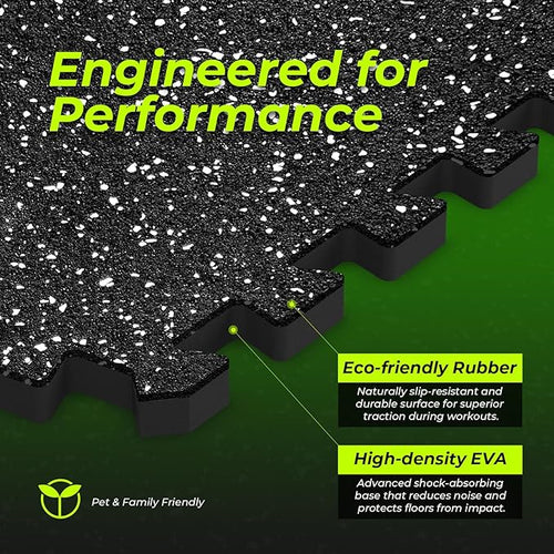 1/2in Thick 48 Sq Ft Rubber Top High Density EVA Foam Exercise Gym Mats Non-Slip 12 Pcs - Interlocking Puzzle Floor Tiles for Home Gym Heavy Workout Equipment Flooring - 24 x 24in Tile, Black & White