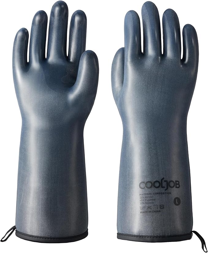 COOLJOB Heat Resistant Oven Gloves, Waterproof Liquid Silicone BBQ Grilling Gloves for Barbecue, Kitchen Cleaning, Baking, Food Contact, Black, Large