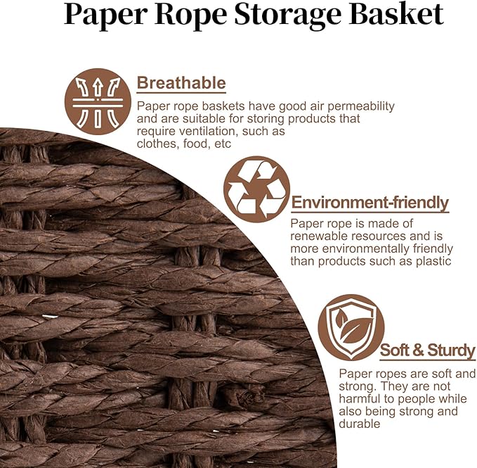 OIAHOMY Toilet Paper Baskets Handmade Paper Rope Decorative Wicker Storage Tank Shelf Cabinet Organizer for Bathroom Home, Set of 2, Brown