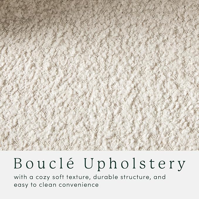 Walker Edison Linley Contemporary Large Storage Bouclé Ottoman with Wood Legs, Ivory