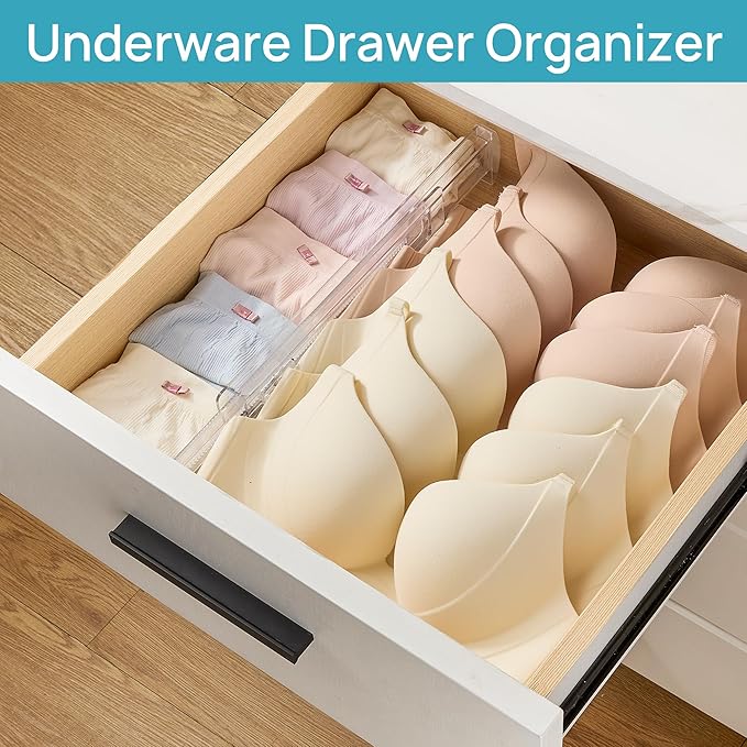 Vtopmart 4 Pack Shallow Drawer Dividers, 2.36" High 12.67"-21.14" Adjustable Expandable Kitchen Drawer Organizer, Clear Plastic Organizer Separators for Flatware, Utensil, Cutlery, Underwear, Clothes