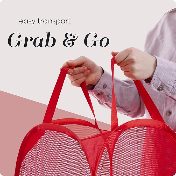 Handy Laundry Collapsible Mesh Pop Up Hamper with Wide Opening and Side Pocket - Breathable, Sturdy, Foldable, and Space-Saving Design for Clothes and Storage (Red)