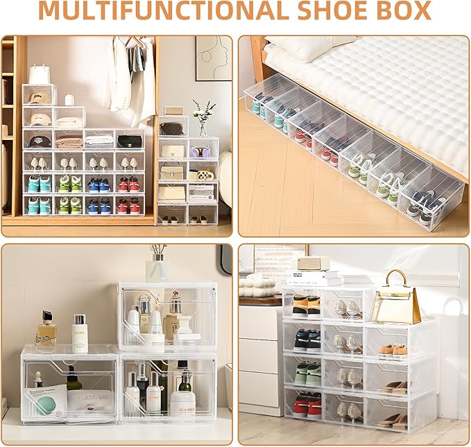 Modular XX-Large Shoe Organizer,6 Pack Shoe Storage Organizer Easy to Assemble,Shoe Box Clear Plastic Stackable,Drop Front Shoe Box with magnetic Door, Containers For Sneaker,Fit up to US Size 15