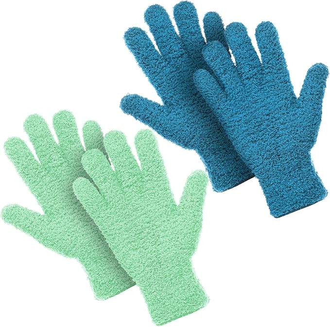 Patelai 2 Pairs Microfiber Gloves for plants Dusting Cleaning Glove Mittens House Cars Blinds Dusting(Blue, Grass Green, Large)