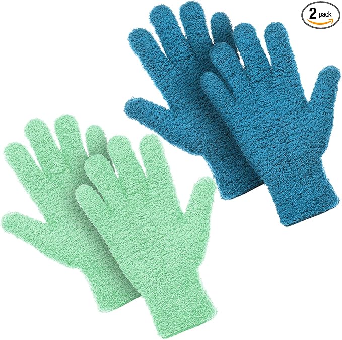 Patelai 2 Pairs Microfiber Gloves for plants Dusting Cleaning Glove Mittens House Cars Blinds Dusting(Blue, Grass Green, X-Large)