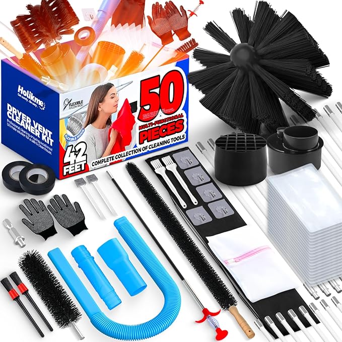 Holikme Dryer Vent Cleaner Kit Dryer Cleaning Tool Include Dryer Vent Brush, Omnidirectional Blue Dryer Lint Vacuum Attachment Dryer Lint Trap Brush, Vacuum & Dryer Adapters
