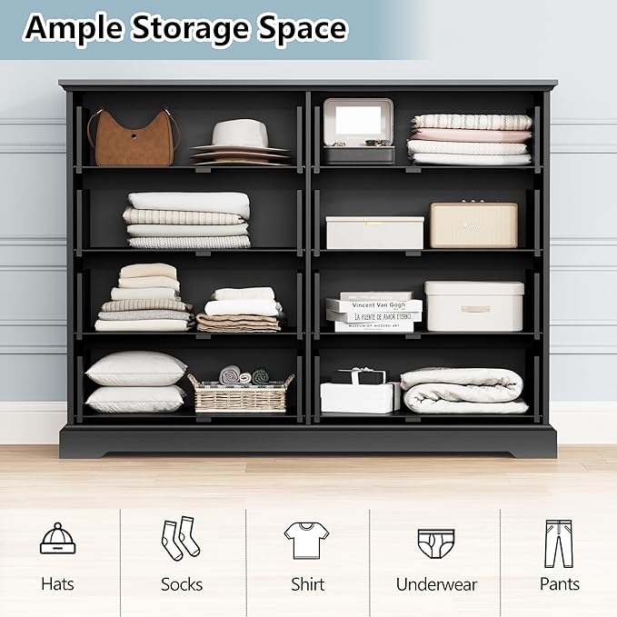 8 Drawer Dresser for Bedroom, 47" Wide Wooden Chest of Drawers, Rustic Farmhouse Dresser with Large Drawers & Metal Handles, Modern Storage Organizer for Closet, Living Room, Hallway, Black