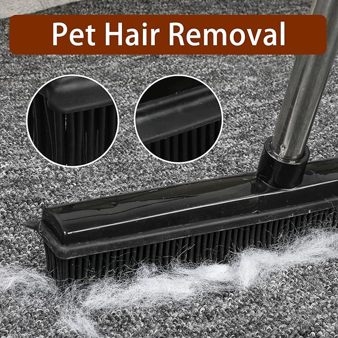 Rubber Broom and Pet Hair Removal Brush Set for Carpet,Fur Remover Rake with Squeegee,Lint Brush for Pet Dog Cat Hair
