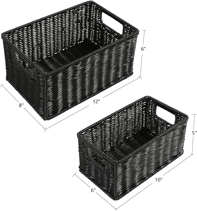 HOONEX Wicker Baskets for Storage, Plastic Baskets for Organizing with Dual Handles, Woven Baskets for Storage, Set of 2, Black