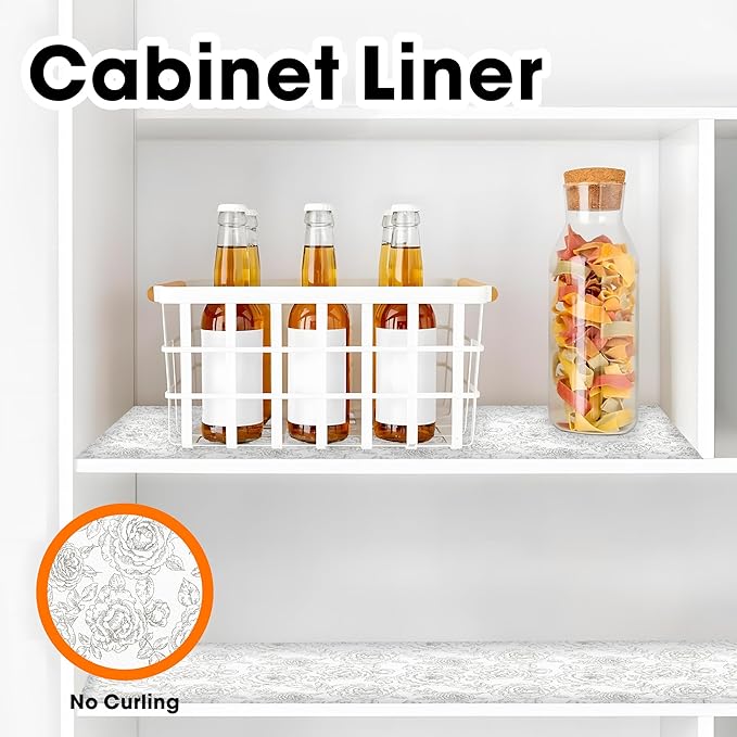 Drawer and Shelf Liner for Kitchen Cabinets Non-Adhesive, Non-Slip Cabinet Liner Shelf Paper Strong Grip Waterproof Easy to Clean for Kitchen Shelves Cupboard, Flower,17.5IN X 20FT