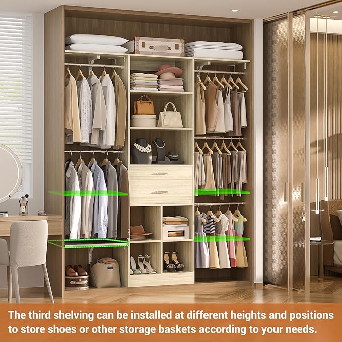 5FT Small Closet System, Baby Closet Organizer System with Wooden Drawers, 60 Inches Walk in Closet System with 5 Hanging Rods and 3 Reversible Hanging Shelving, Greige Oak
