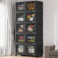 BROVIEW 500 Qt Stackable Storage Bins with Lids & Doors, 5 Pack Plastic Closet Organizer and Storage Drawers with Wheels, Large Collapsible Storage Boxes, Cabinet for Home, Office, V10, Black