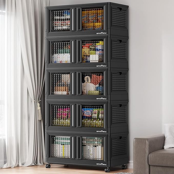 BROVIEW 500 Qt Stackable Storage Bins with Lids & Doors, 5 Pack Plastic Closet Organizer and Storage Drawers with Wheels, Large Collapsible Storage Boxes, Cabinet for Home, Office, V10, Black