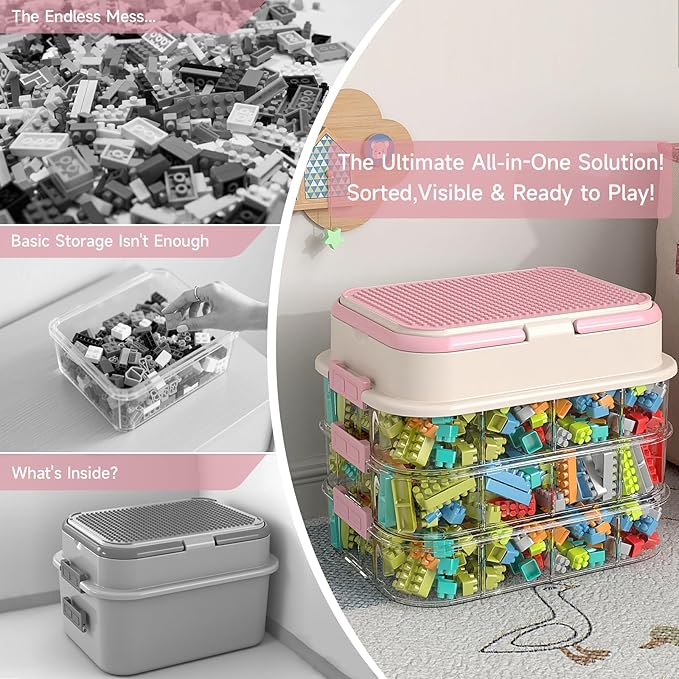 Toy Storage Organizer Box with Handle, Stackable Building Block Toy Box with Building Plate Lid & Removable Sorting Trays, Cubby Bins and Containers 1 Layer (Pink)