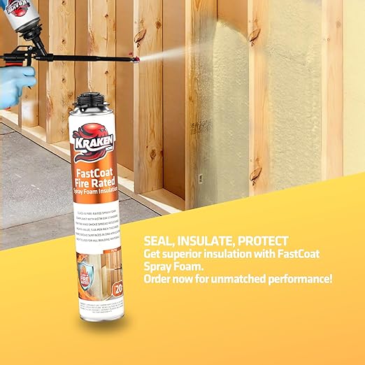 Kraken Bond Fastcoat Fire Rated Spray Foam Insulation Closed Cell in a Can 480 sq ft (24x27.1 oz.) (R-Value 11.32 / 2in) - Spray Foam for Garage Door, Attic, Wall Gun & Cleaner Included, 24 Pack