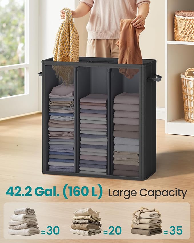 SONGMICS 42.2 Gallon (160 L) Laundry Hamper, 3-Compartment Laundry Basket Sorter with Lid, Labels, Removable Liner Bags, for Bedroom, Ink Black URLH013B01