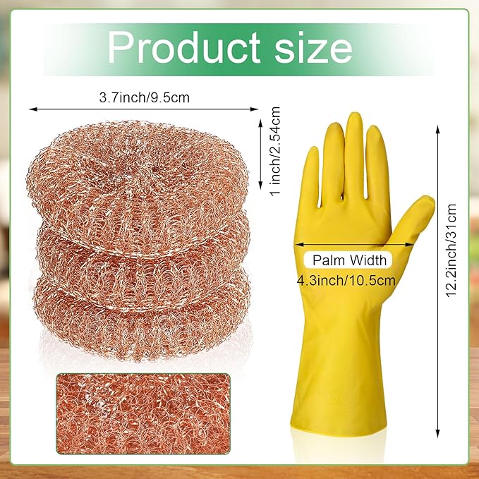 Hushee 50 Pack Copper Coated Scourers Rust Resistant Scrubbing Scouring Pad with 1 Pair of Rubber Household Cleaning Gloves Heavy Duty Copper Mesh Scourer for Dishes, Pots, Pans, and Ovens