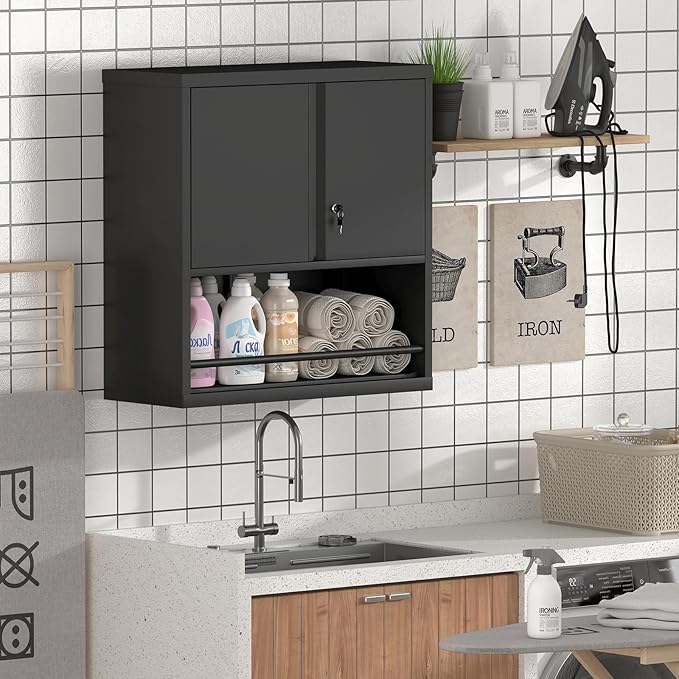 Locking Cabinet, Black Wall Storage Cabinet with Shelves, Hanging Cabinets with Open Storage, Small Wall Cabinet, Lockable Tool Cabinet for Basement, School, Office