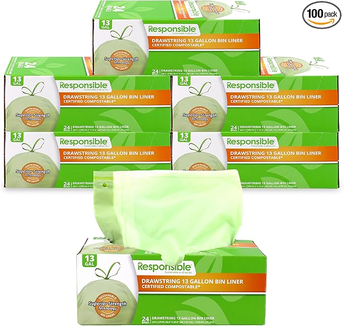 Responsible Products Kitchen Bin Liners, Certified Compostable, Heavy Duty Multipurpose Food Scrap Bags, Made from Compostable Materials (13 Gallon, 13 Gallon (120 Count))