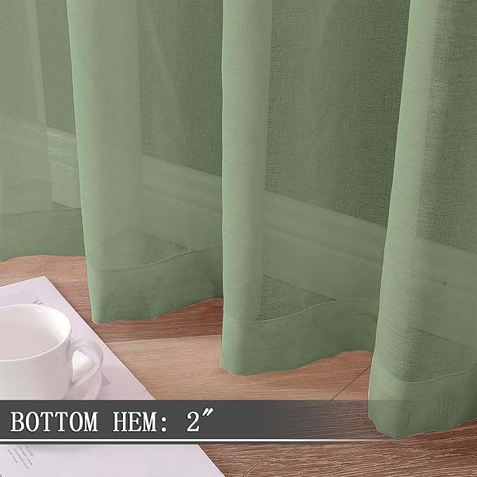Tollpiz Short Sheer Curtains Linen Textured Bedroom Curtain Sheers Light Filtering Rod Pocket Voile Curtains for Living Room, 54 x 45 inches Long, Sage Green, Set of 2 Panels