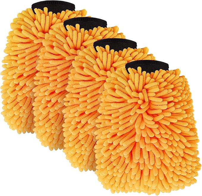 4 Pack Car Wash Mitt Microfiber, Premium Chenille Microfiber Wash Car Mitts Sponge Scratch Free & Lint-Free, Mitts Waterproof Lining Orange (8''X12'')