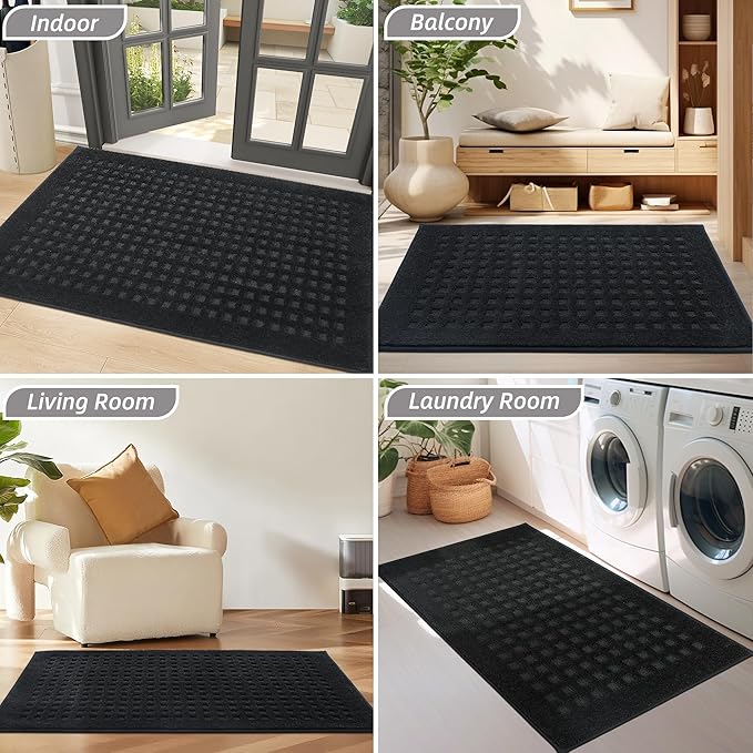 BEQHAUSE Waffle Door Mats Indoor 24"x36", Dog Mat for Muddy Paws Absorbent and Dirt Resist Floor Mats Non-Slip Washable Rugs for Entryway, Welcome Mat for Front Back Door, Muddy Wet Shoes, Black