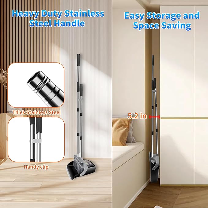 Broom with Dustpan Combo Set Broom and Dustpan Set Dust Pan with 51.2" Stainless Steel Long Handle, Brooms with 5-Layer Plus Firm and Soft Bristles Combine, New Home Apartment Office Essentials