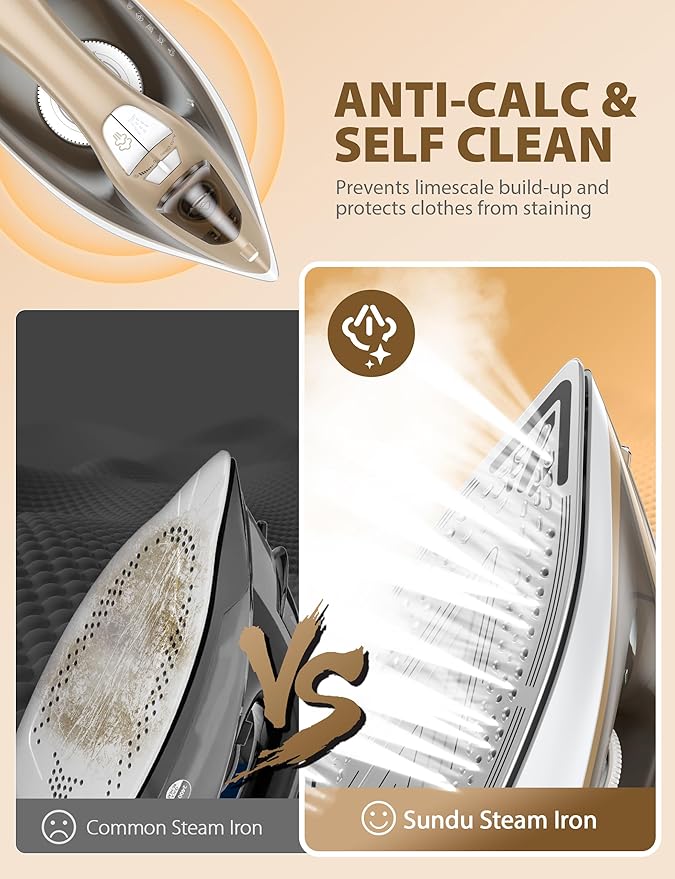 Steam Iron for Clothes Rapid Heating, 1500W Iron with Non-Stick Ceramic Soleplate, Auto-Off, Burst of Steam, 500 Microsteam Holes, Self-Cleaning, 12.31oz Water Tank Ironing Clothes for Home
