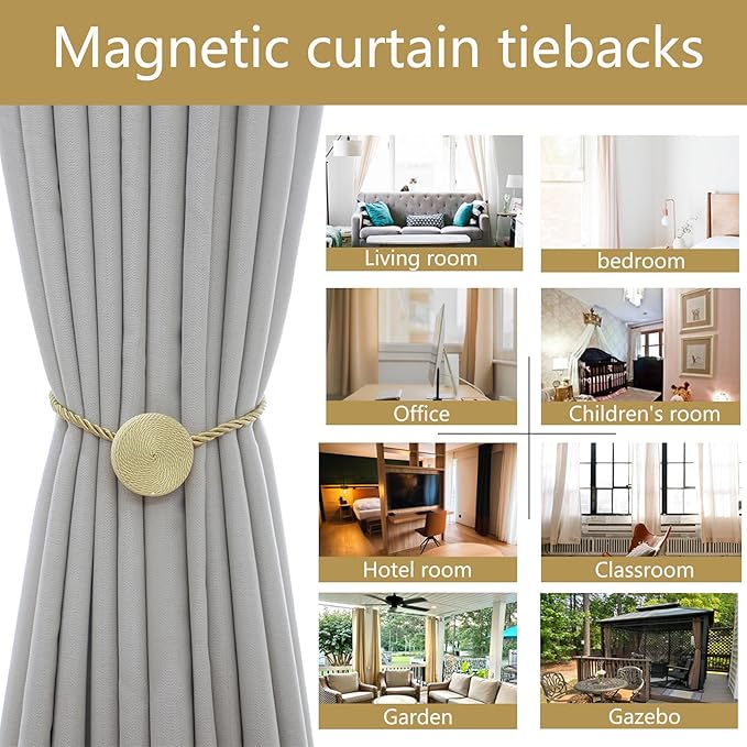 Magnetic Curtain Tiebacks - 12mm Magnetic Tie Backs for Curtains, Heavy Duty No Drill Curtain Holdbacks for Home/Office Windows Drapes, Elegant Gift-Ready Design 7 Colors (2, Gold)