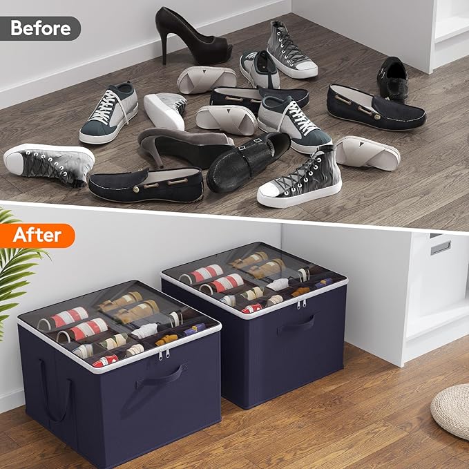 Lifewit Shoe Storage Organizer for Closet Fits 12-16 Pairs, Fabric Large Shoe Box Storage Containers with Clear Cover, Foldable Bins Fit for Boots Heels Sneakers 17"(L) x 17"(W) x 12.5"(H) 3 Pack Blue