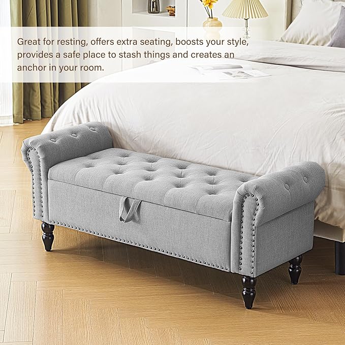 Furnimart Storage Ottoman Bench for Queen Size Bed, Faux Linen Upholstered Storage Bench Accent Bench with Rolled Arms for Bedroom,Living Room, Entryway, 2.5Cubic Feet