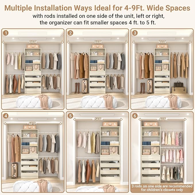 Aheaplus Closet System, 4-9Ft Closet Organizer with 4 Wooden Drawers, Wood Closet Organizer System with Tower, Walk-in Closet Organizer Wardrobe Garment Clothes Rack with 4 Hanging Rods, 2White Oak