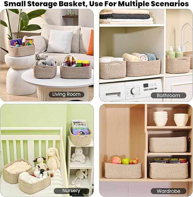 Small Baskets for Organizing, Woven Storage Baskets for Shelves, Small Rope Basket for Storage, Decorative Little Baskets for Gifts Empty, 13"×8.5"×5.1" (3 Packs) Brown