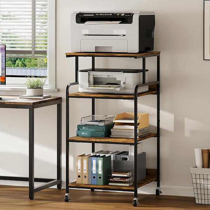 Warmiehomy 4 Tier 24" x 24" Printer Stand with Adjustable Storage Shelf - Large Tall Printer Table with Wheels - Rolling Cart for 3D Laser Printer - Home Office Small Spaces Organization (Brown)