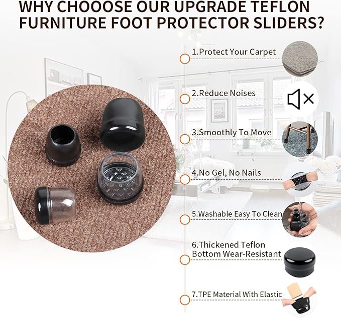 Ezprotekt 24 Pcs Clear Chair Leg Sliders for Carpet, Round Teflon Furniture Glides for Rug, Carpet Sliders Protectors Caps to Slide Smooth for Dining Table Chair, Bar Stool Legs (M Fit: 7/8" to 1")