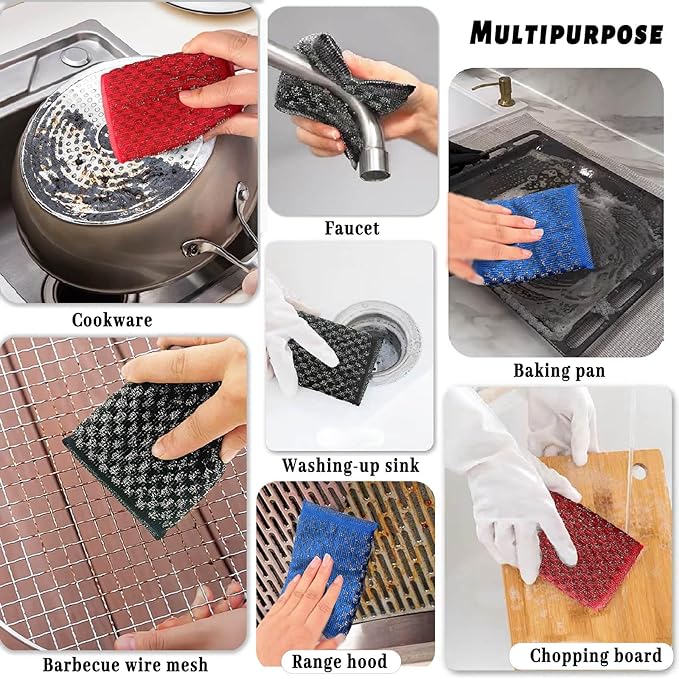 Steel Wool Scrubbers Dish Kitchen Sponges Heavy-Duty Kitchen Steel Scrub Sponges,Multi-Functional Stubborn Stain Fast Cleaning Scrubber(6 Pack)