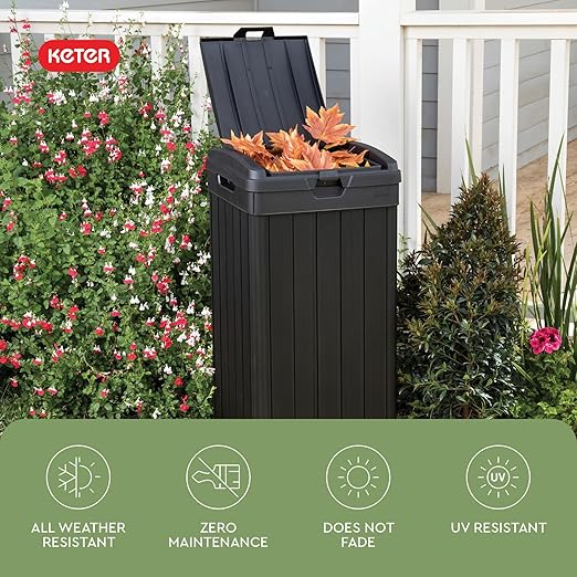 Keter Baltimore Resin 38 Gallon Outdoor Kitchen Trash Can with Lid and Drip Tray for Easy Cleaning-Perfect for Patio Dining, Black