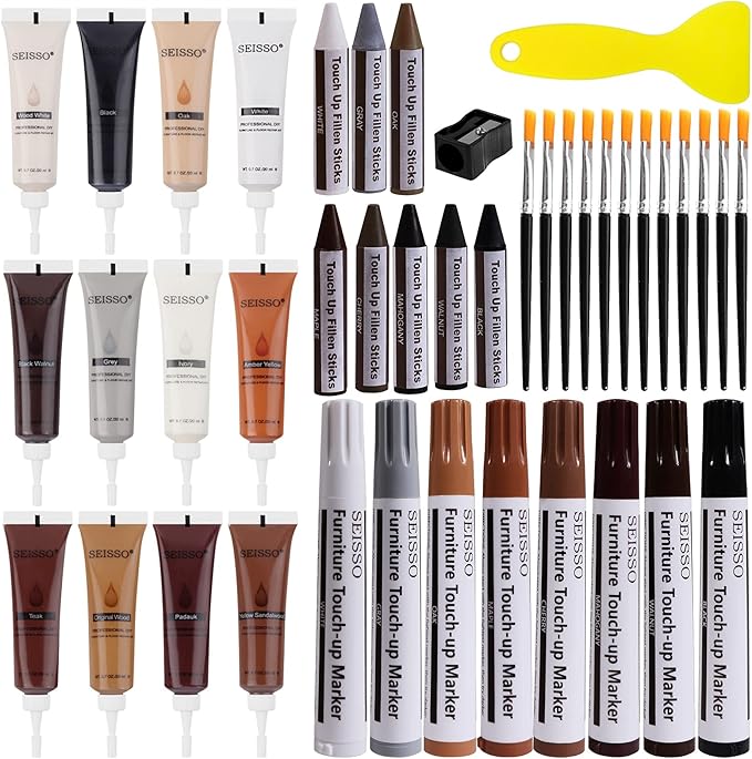 SEISSO Wood Furniture Repair Kit, 42 Pcs Wood Filler and Touch Up Markers with Wax Sticks, Vinyl Floor Repair Kit for Scratches, Cracks, Holes, Discoloration for Door, Stain, Floor, Table, Cabinet