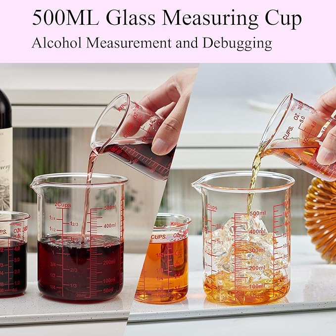 3 Piece Glass Measuring Cup Set, Includes 1/2-Cup, 1-Cup, and 2-Cup High Borosilicate Glasss Liquid Measuring Cups, Dishwasher, Freezer, Microwave, and Preheated Oven Safe, Essential Kitchen Tools