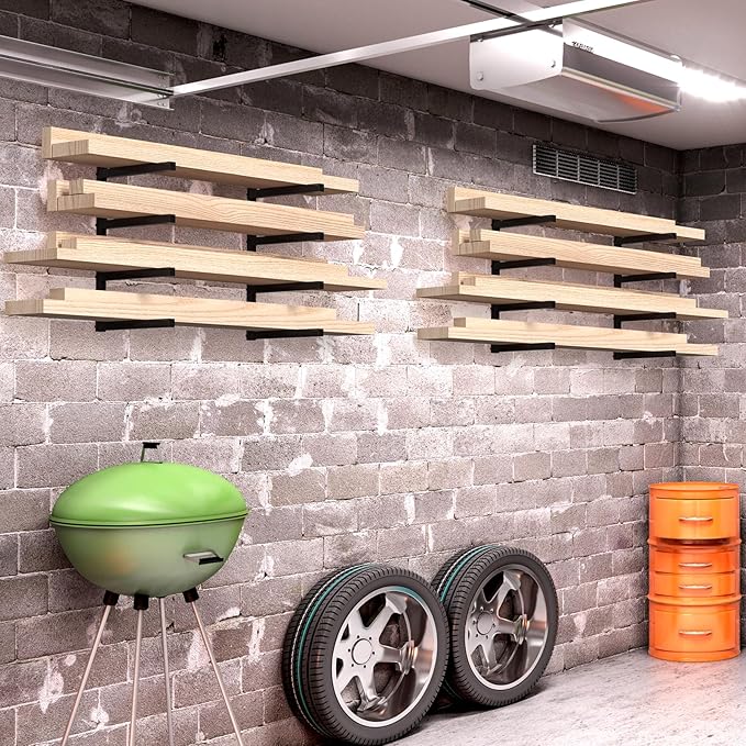NANANARDOSO Wall Mount Wood Organizer and Lumber Storage,Heavy Duty Metal Shelf with 4-Level,Lumber Metal Racks for Indoor and Outdoor Use,2 Pack