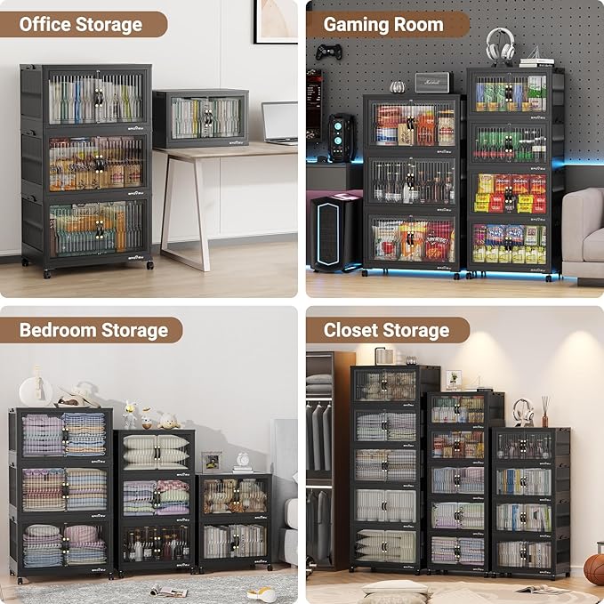 BROVIEW 400Qt Stackable Storage Bins with Lid, Extra Large Closet Organizer Collapsible Drawer Boxes with Wheels, Folding Plastic Cabinet Containers for Home Kitchen Room Organization, 5Pack Black