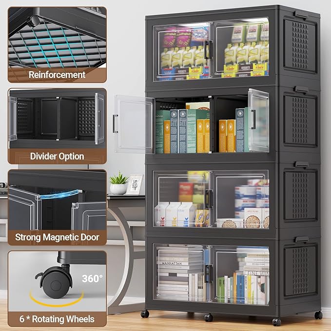 BROVIEW 52.7"H 150Gal Plastic Storage Bins with Lid & Wheels,3Pack Extra Large Stackable Storage Bins with Dividers,Closet Organizers and Storage Cabinet Collapsible Box Shelves for Home Kitchen,Black