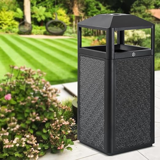 Square Waste Container with Dome Lid | Commercial Outdoor Garbage and Trash Container, Black, 15 Gallon