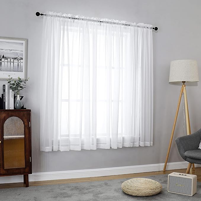 Chyhomenyc White Sheer Curtains 63 Inch Length 2 Panels Set, Light Filtering Rod Pocket Window Curtain Treatment Drapes for Bedroom Living Room, Each 42Wx63L, Set of 2, White